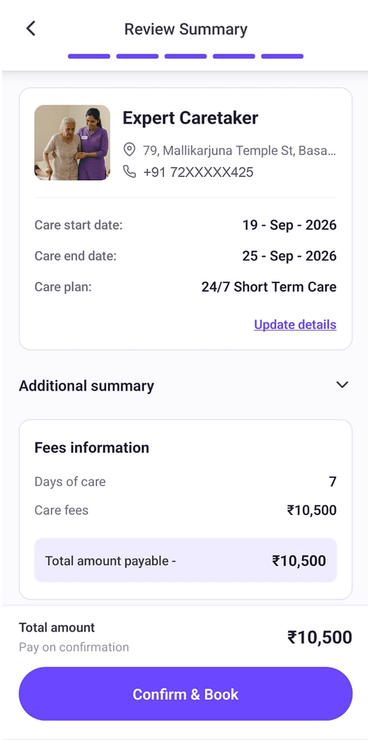 Careait app booking summary with care dates and fees