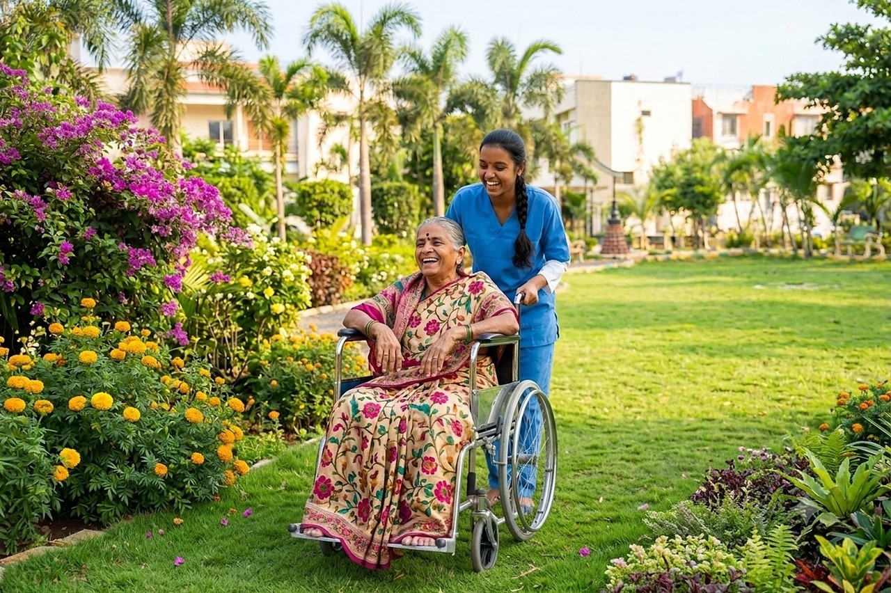 Caregiver taking an elderly man in a wheelchair through a garden