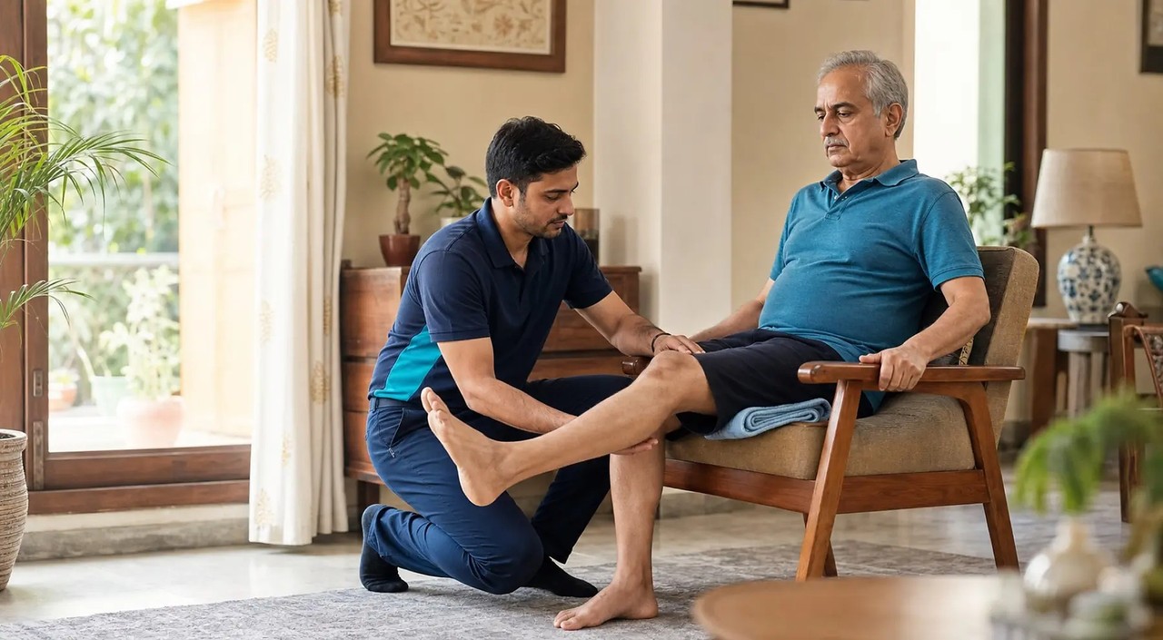 Physiotherapist guiding a woman through a resistance band exercise at home