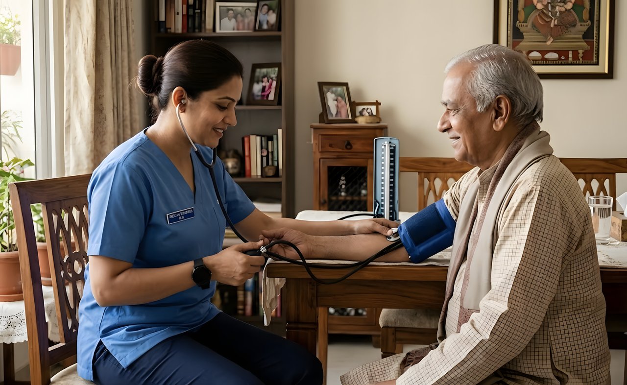 Nurse checking an elderly man's blood pressure with a stethoscope at home