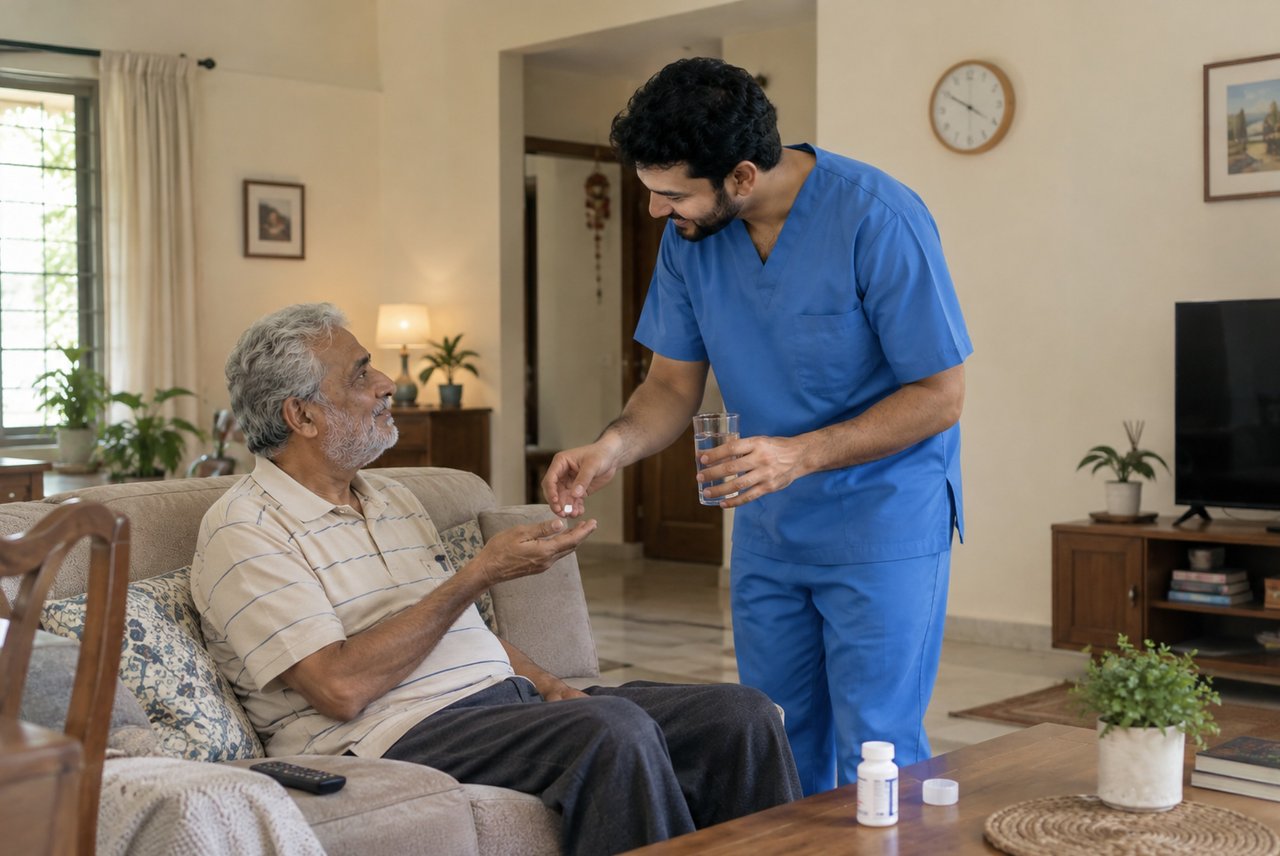 Caretaker handing an elderly man his medicine and a glass of water at home