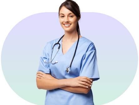 Smiling nurse in blue scrubs with a stethoscope