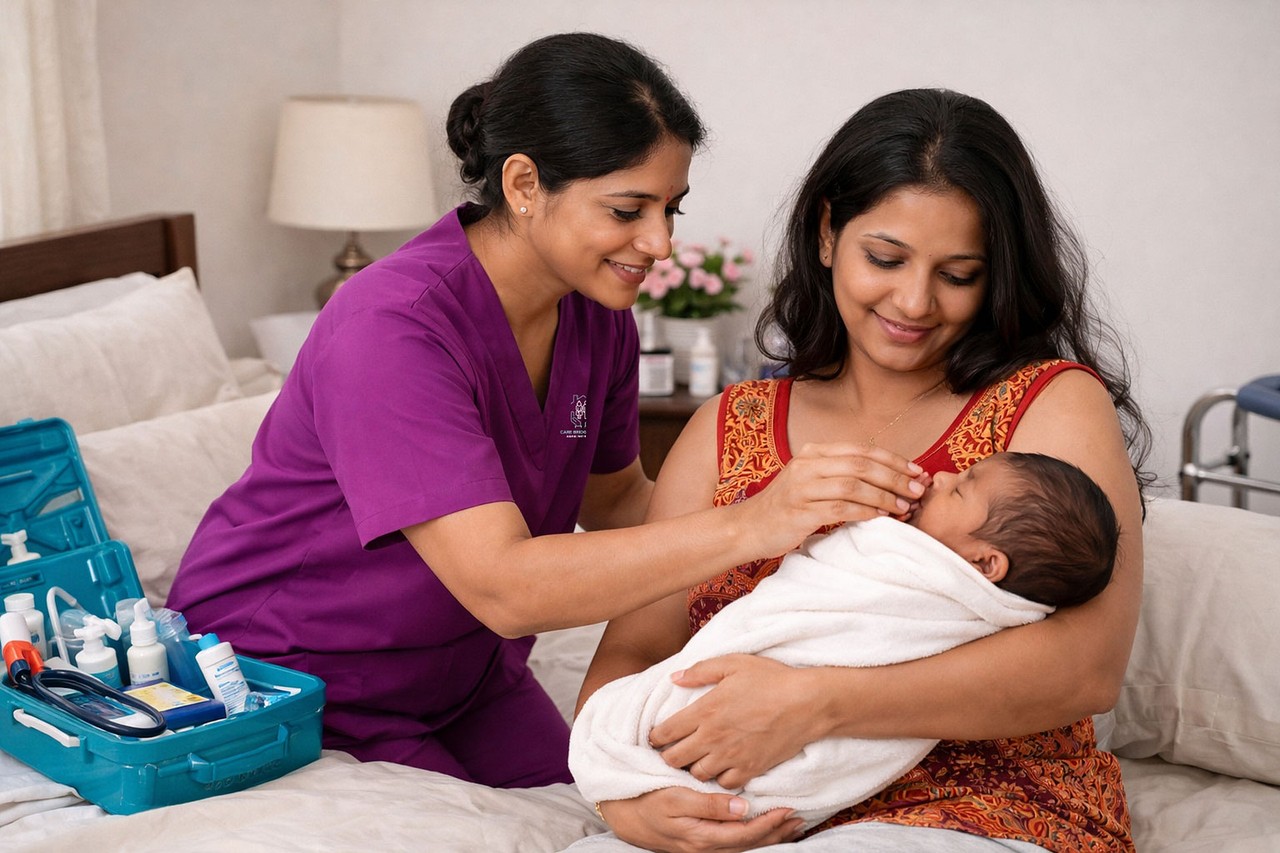 Baby caretaker holding a newborn beside the smiling mother