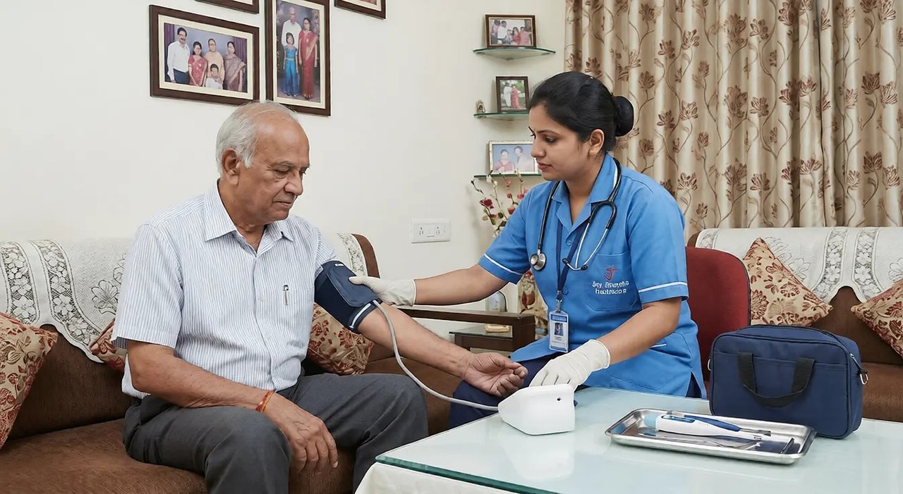 Nurse checking an elderly man's blood pressure at home