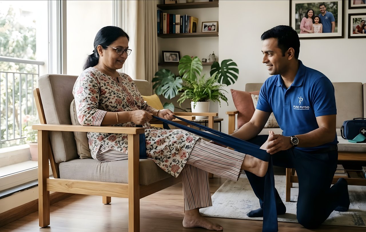 Physiotherapist guiding a woman through a resistance band leg exercise at home