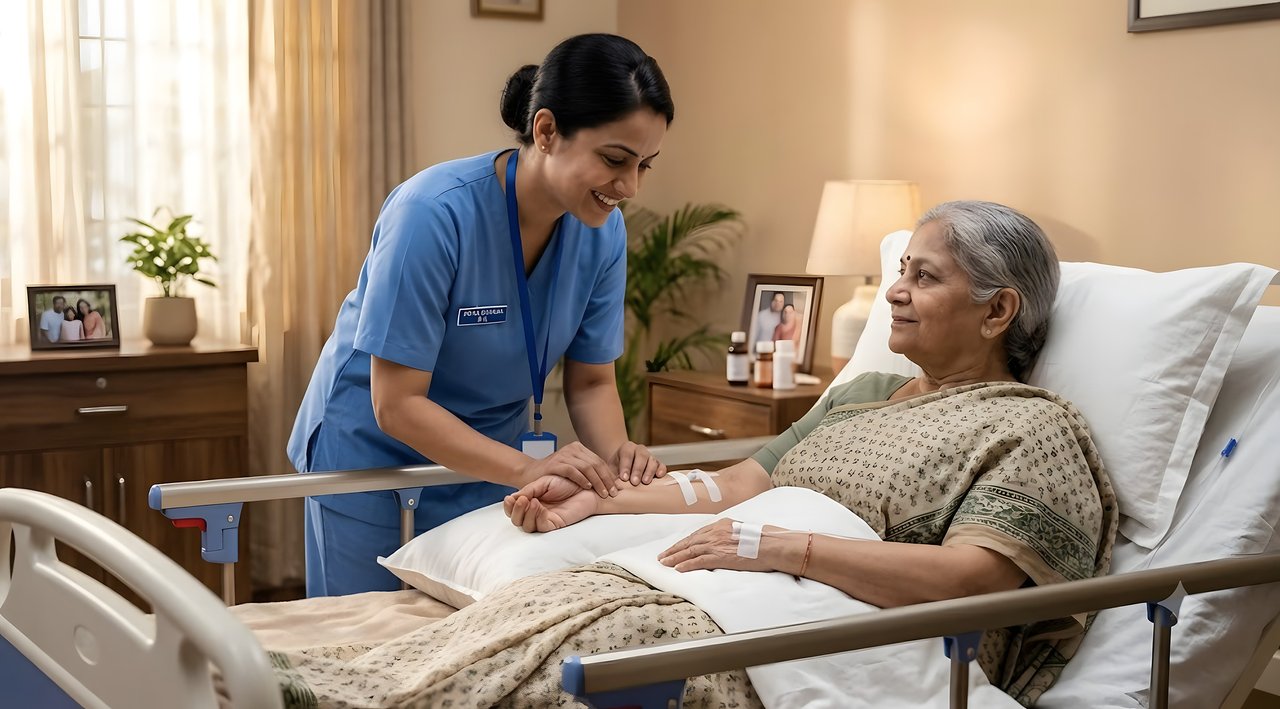 Nurse checking on an elderly woman recovering in a hospital bed at home