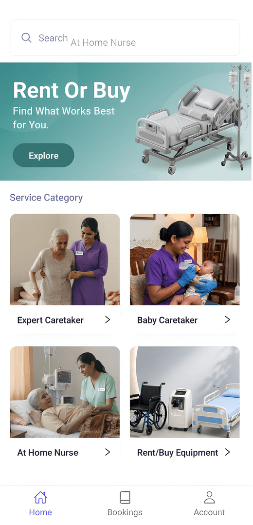 Careait app home screen with care service categories