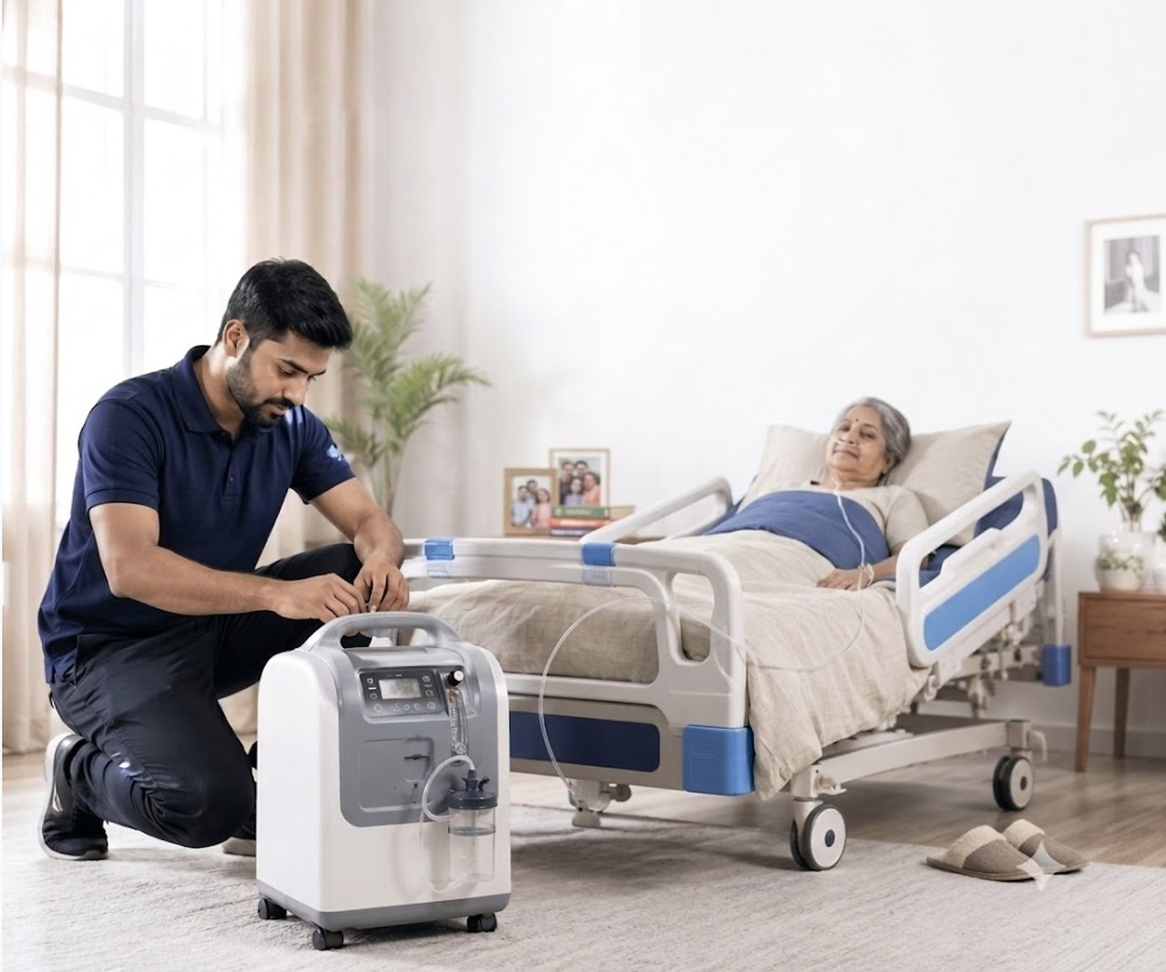 Nurse setting up a ventilator beside an elderly woman at home