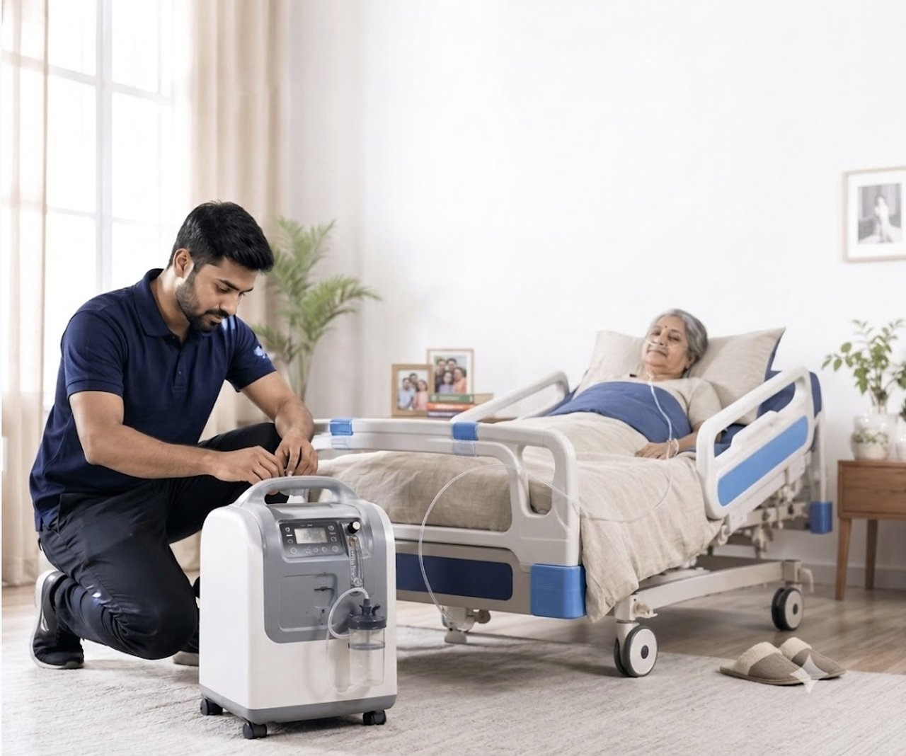 Technician setting up an oxygen concentrator beside an elderly woman resting in a hospital bed at home