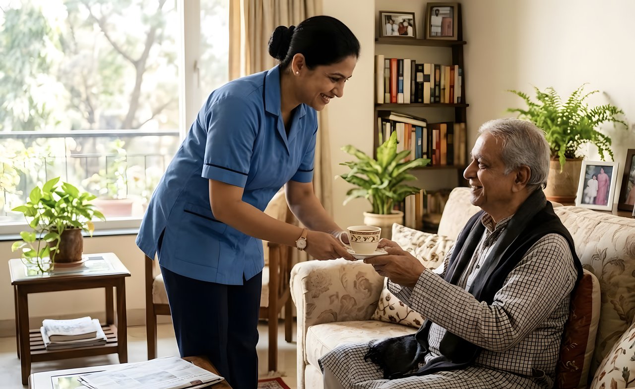 Caretaker serving a cup of tea to a smiling elderly man at home