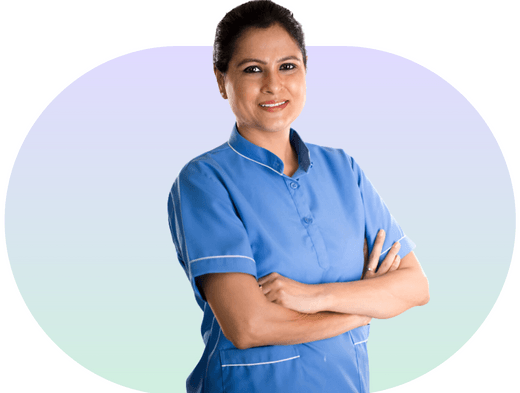 Smiling caretaker in a blue uniform