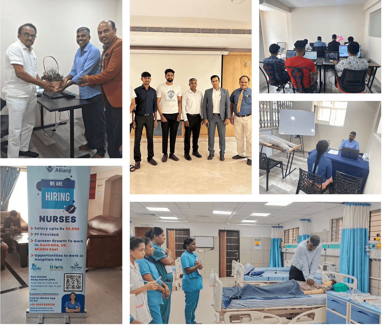 The CareAIT team with hospital partners, in training sessions and at a nurse hiring drive